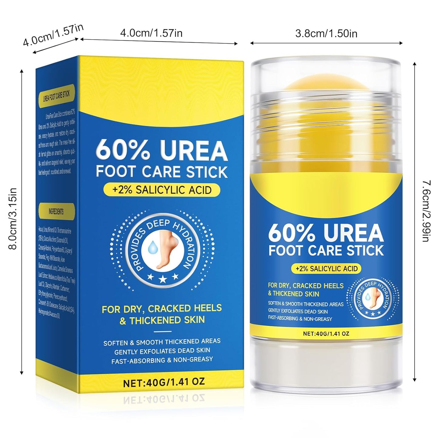 Urea Foot Care Stick - 60% Urea & 2% Salicylic Acid | Moisturizing Cream for Dry, Cracked Feet, Knees, Elbows, Hands