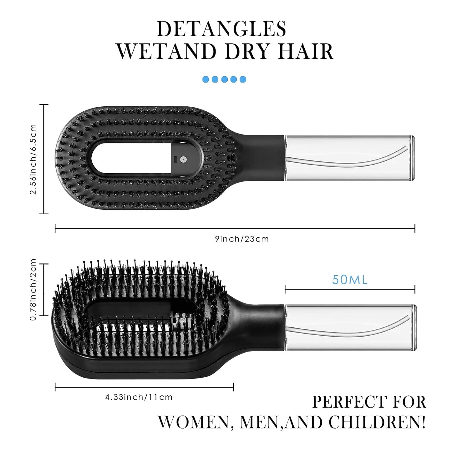 Non-Electric 2-in-1 Detangler Hair Brush with Mister Spray - Wet & Dry for Curly, Wavy & Straight Hair | 50ml Reservoir (Black)