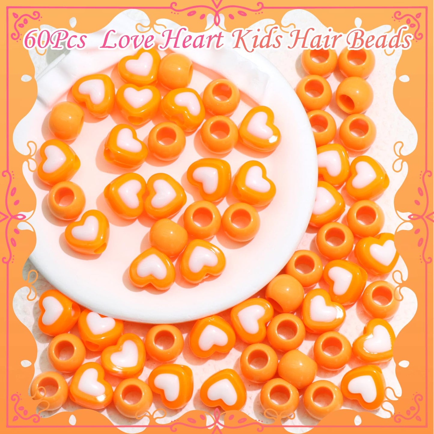 NAISKA 60PCS Orange Beads for Kids Girls Round Loc Dreadlock Beads Heart Shape Spacer Bead Acrylic Accessories for Party Decorate