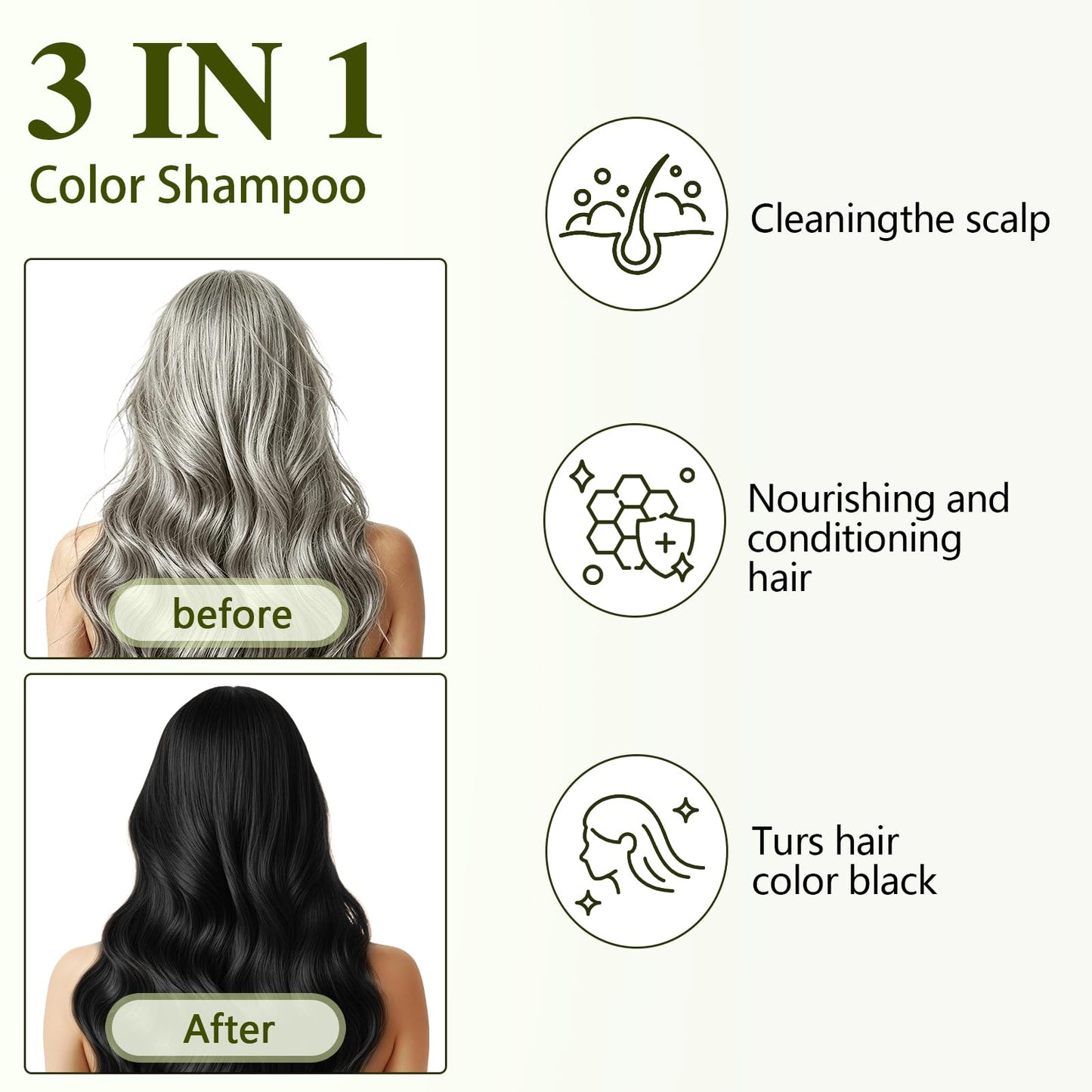 Black Hair Dye Shampoo, 100% Gray Hair Coverage Black Hair Dye for Women Men, 3 in 1 Natural Herbal Ammonia Free Instant Hair Color Shampoo with Long-lasting Color Effect