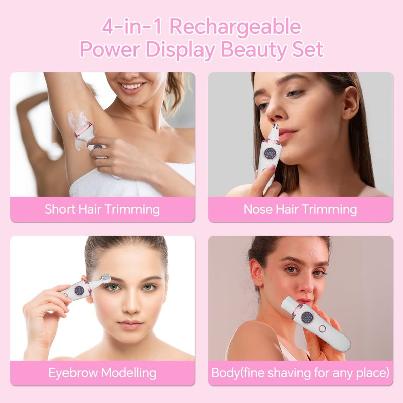 Electric Razor for Women, 4-in-1 Bikini Trimmer & Body Shaver for Face, Legs, Underarms, Pubic Hair, Rechargeable Wet/Dry Painless Hair Removal with LED Light & Travel Lock