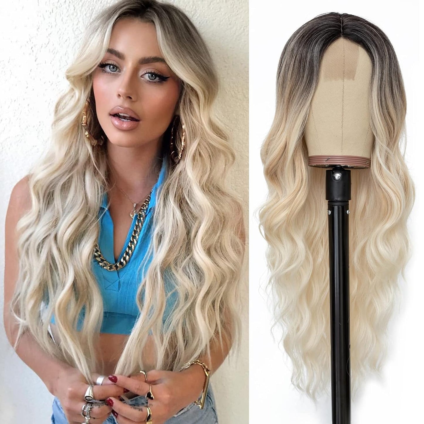 NAYOO Brown Wigs for Women - Long Curly Wavy Hair | Heat Resistant Synthetic Fiber, 24 Inches