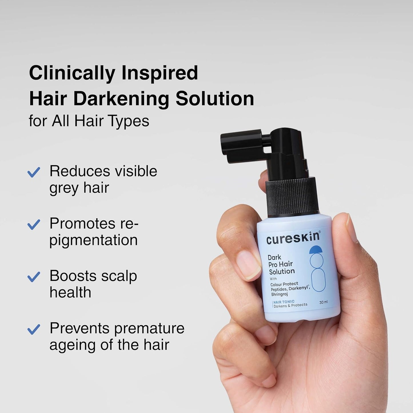 Cureskin Anti Grey Hair Serum - Gradually Restores Natural Hair Color | Peptide-52 & Acetyl Tyrosine | 15-Day Supply