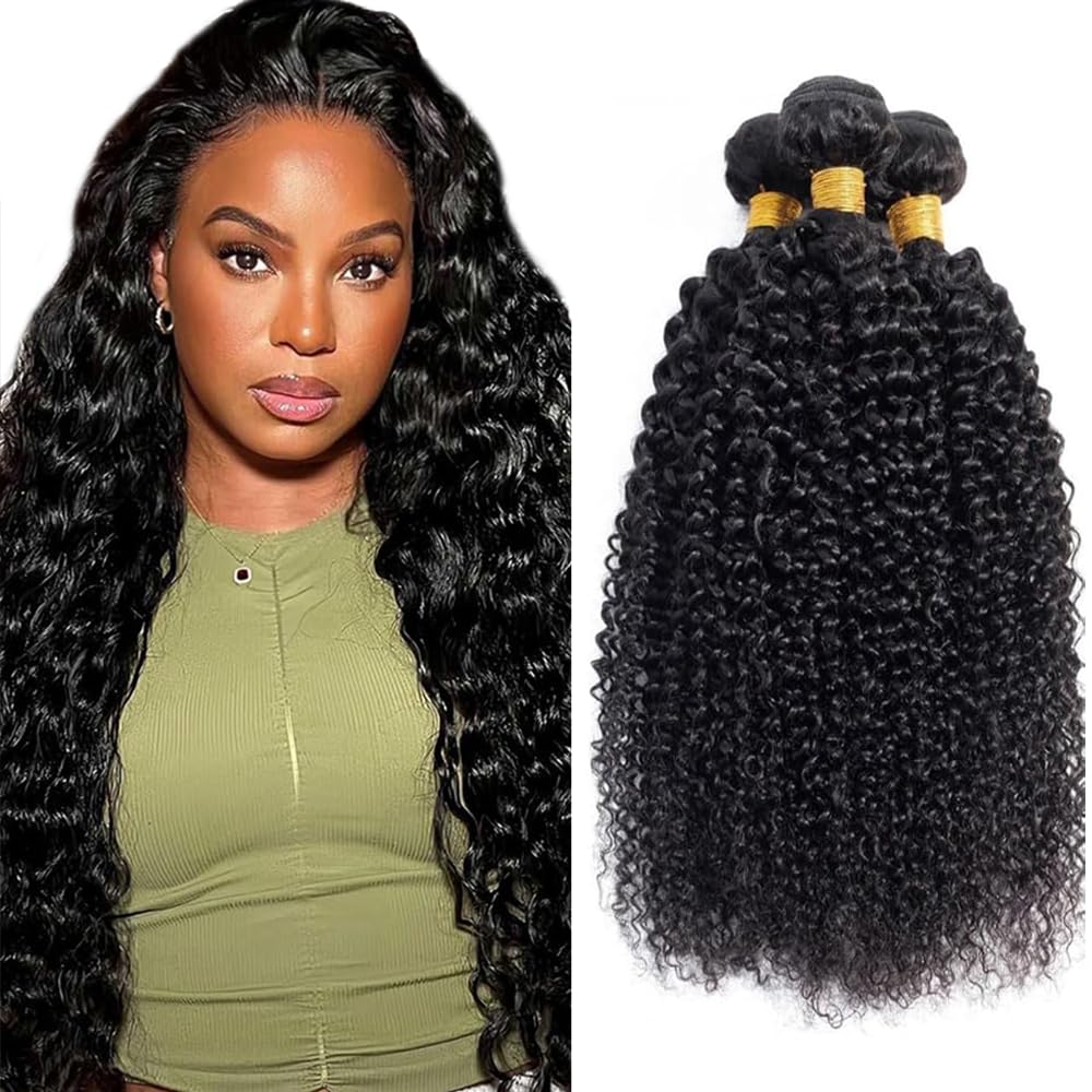 26 28 30 Inch Curly Human Hair Bundles Kinky Curly Bundles Double Weft 3 Bundles Unprocessed Virgin Hair Extensions Natural Black Color