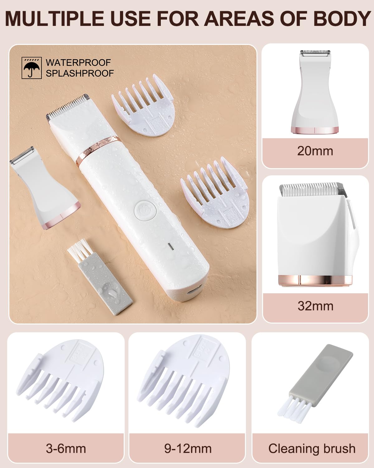 Bikini Trimmer for Women,Electric Razors Shaver for Bikini Legs Pubic Hair,Rechargeable Ladies Bikini Hair Trimmer Removal with Snap-in Ceramic Blades,White