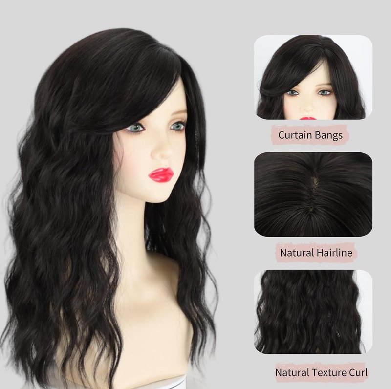 Black Curly Wig for Women - 18-Inch Medium Length with Bangs | Glueless Synthetic Heat-Resistant Hairpiece