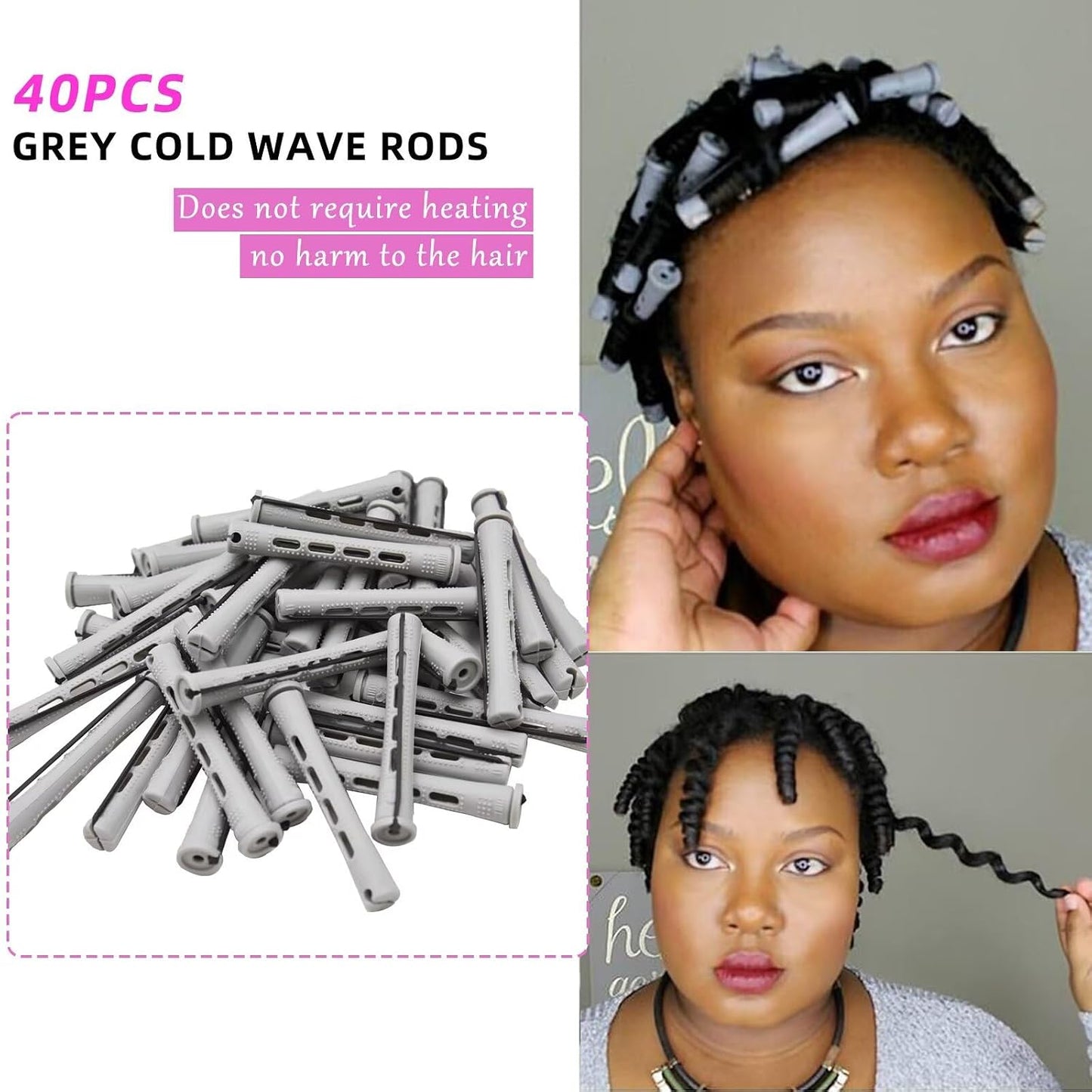40PCS Perm Rods - Heatless Non-Slip Hair Rollers for Short & Long Hair | 0.59 Inch Grey DIY Hairdressing Tools