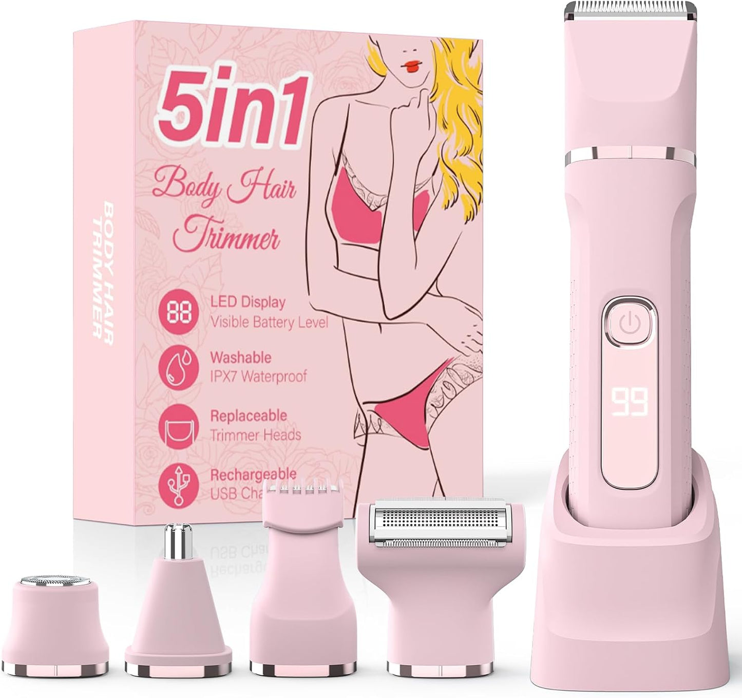 Bikini Trimmer for Women - 5-in-1 Electric Razor with IPX7 Waterproof Design | Pink, USB Rechargeable