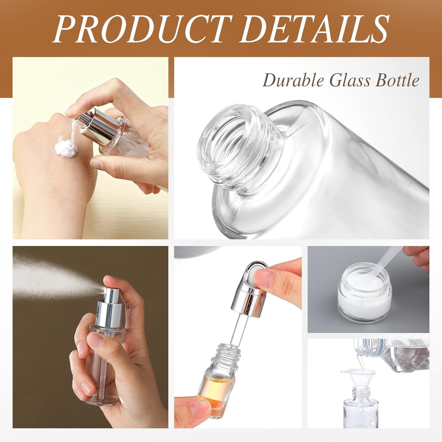 Glass Skincare Travel Containers Set - 13 Pcs Mini Makeup Bottles with Pump Spray & PU Leather Bag | Silver