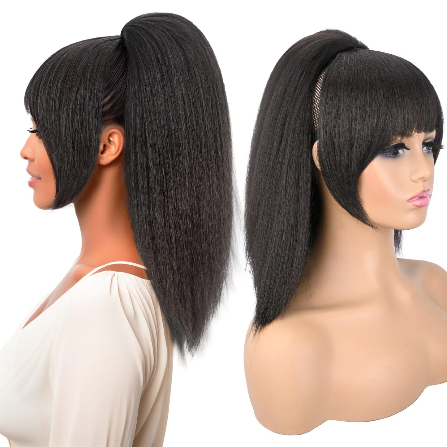 Ponytail Extension with Bangs - Yaki Straight Synthetic Hairpiece | 16-Inch Clip-In for Black Women (Black Brown)