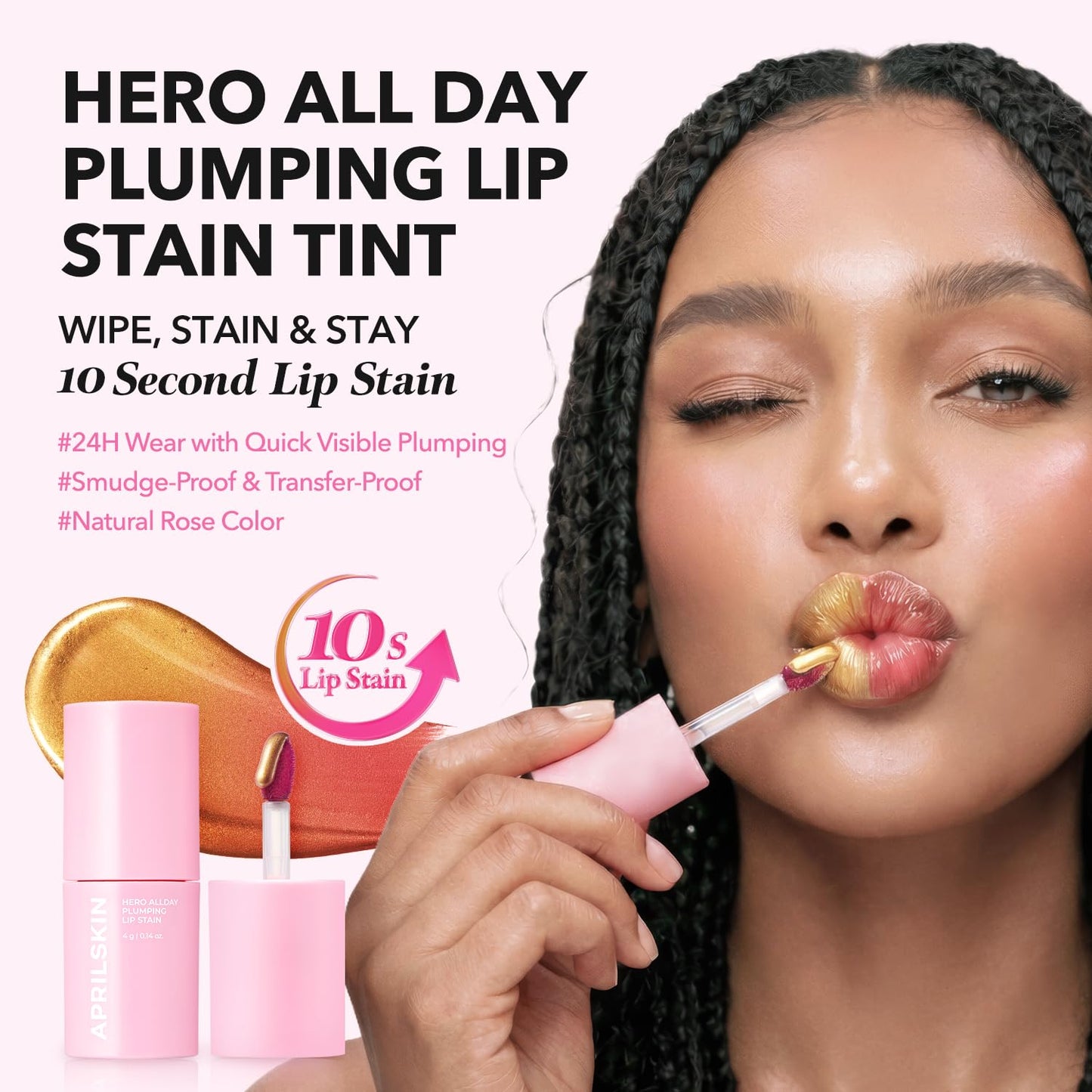 Hero All Day Plumping Lip Stain - 24H Long-Lasting, Smudge-Proof Tint | Natural Rose | 0.14oz