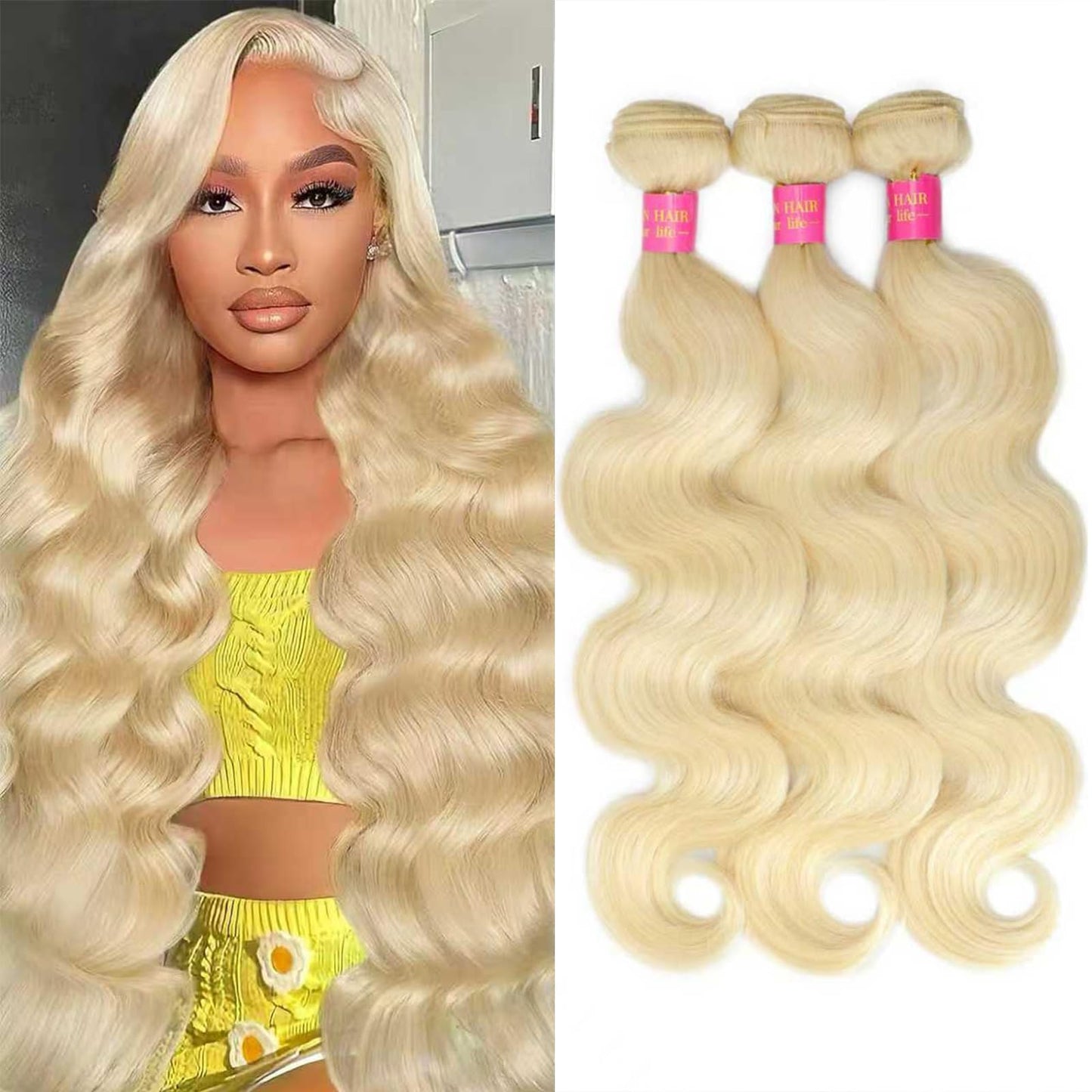 613 Body Wave Blonde Bundles Human Hair 16 18 20Inch 3 Bundles Human Blonde Hair Extensions，100% Real 14A Brazilian Virgin Raw Easy to Dye No Synthetic Blend No Tangle No Shedding 3X-Lifespan
