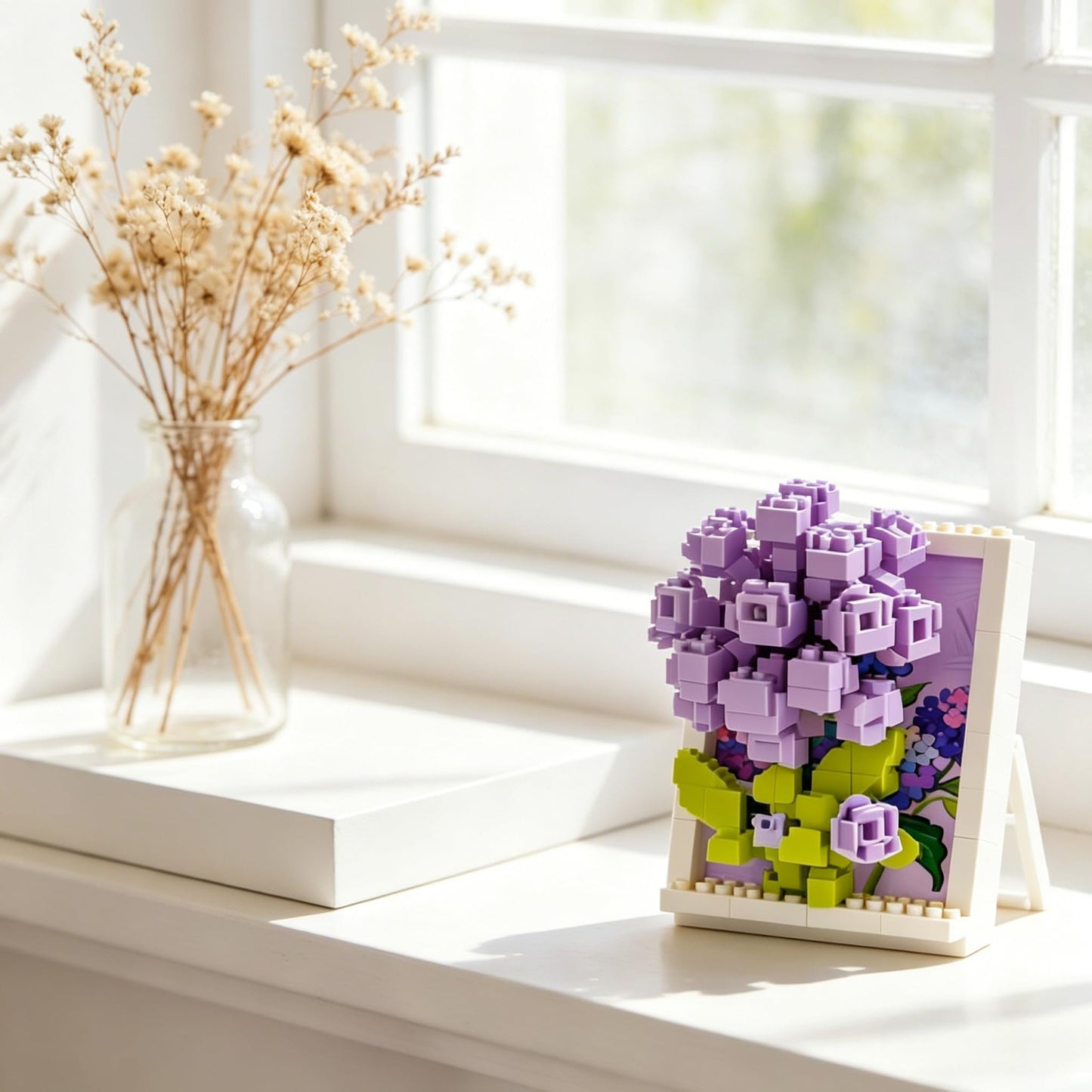 Framed Purple Hydrangea Hand-Assembled Figurine, Mini Flower Wall/Desk Decor, Hydrangea Theme Collectible Statue for Home Office