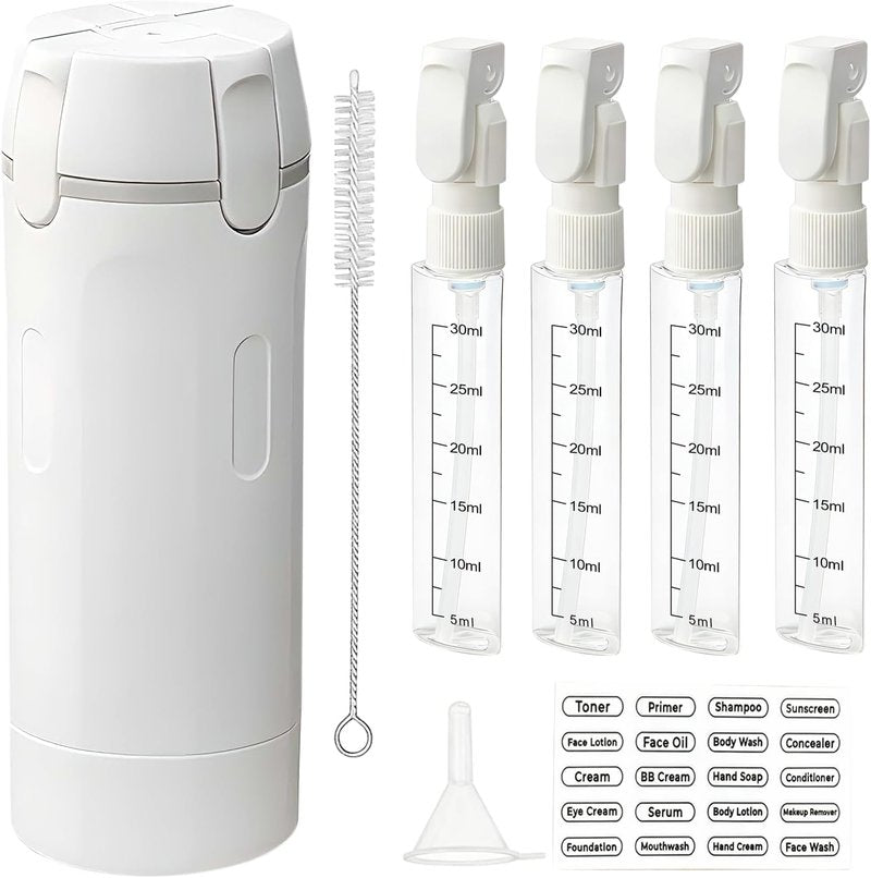 Travel Dispenser Bottles - 4-in-1 Refillable Shampoo & Conditioner Set | Compact & No-Spill Design for Vacations