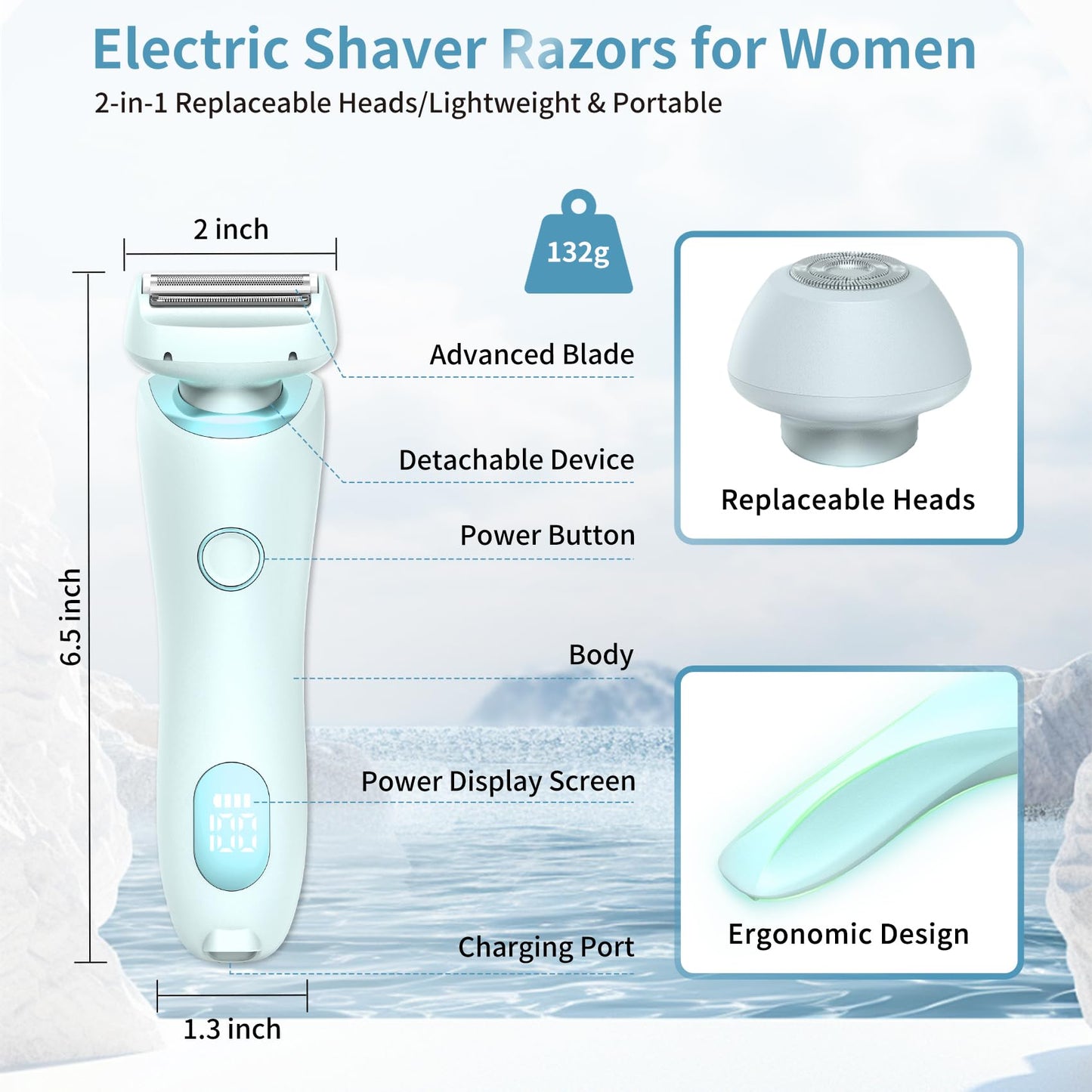 2 in 1 Electric Razors for Women, Electric Shaver for Women, Bikini Trimmer for Women, Silk Glide Pro Shaver, Waterproof Painless Wet & Dry, Removable Head, Womens Electric Razor for Legs, Body