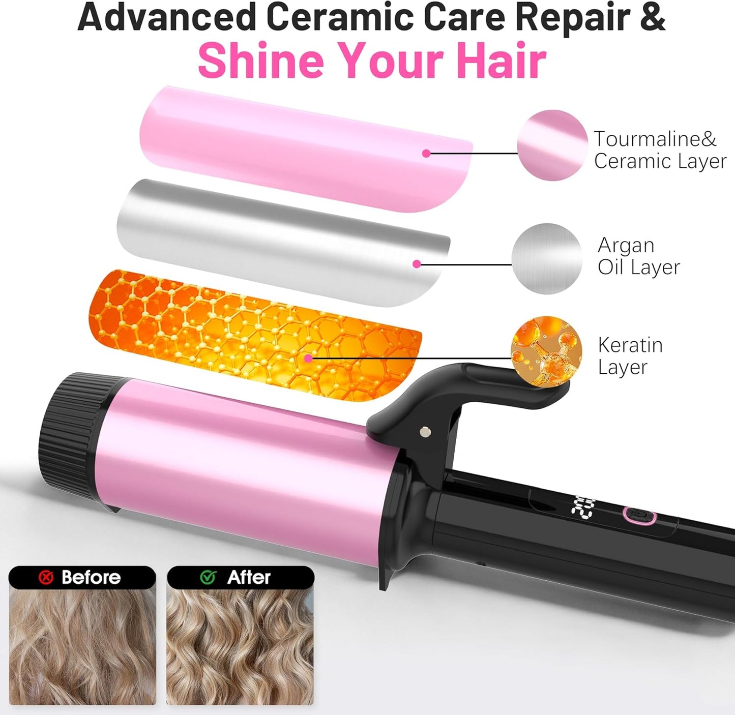 Large Curling Iron - 2 Inch Barrel for Long Hair | Dual Voltage 110-240V with Digital Display & Temp Lock