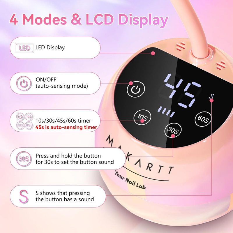 UV LED Nail Lamp - Cordless Gooseneck Dryer with Auto Sensor & 4 Timer Settings | Fast Curing, Glazed Pink