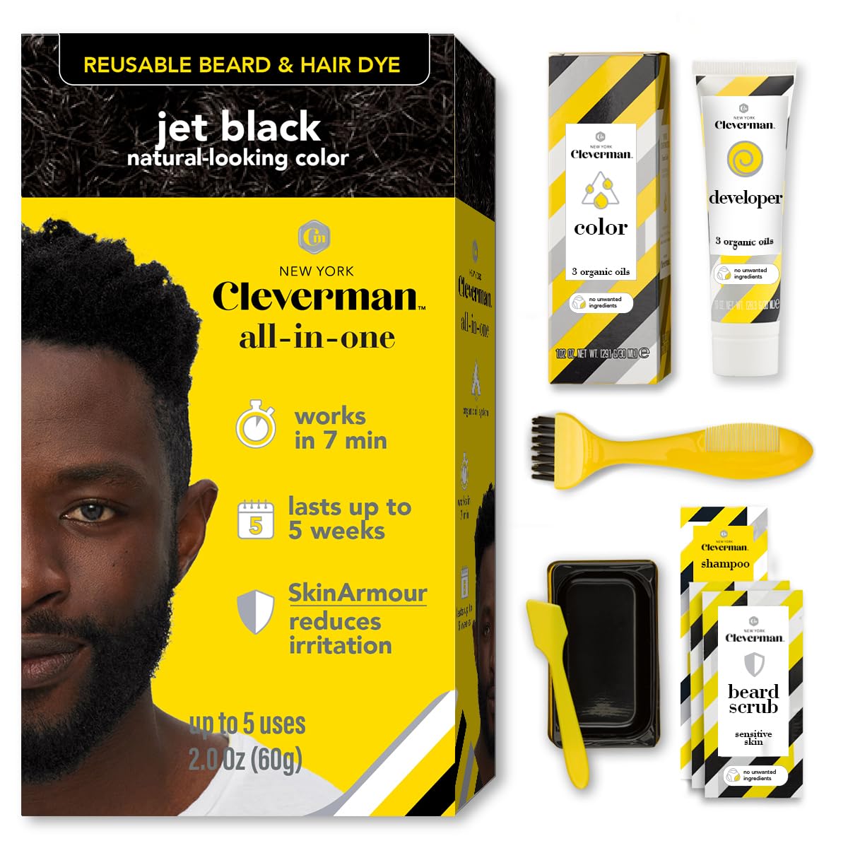 Cleverman Reusable Hair & Beard Dye for Men - Light Brown | Natural Gray Coverage, No-Drip Cream, 5 Uses in 7 Minutes