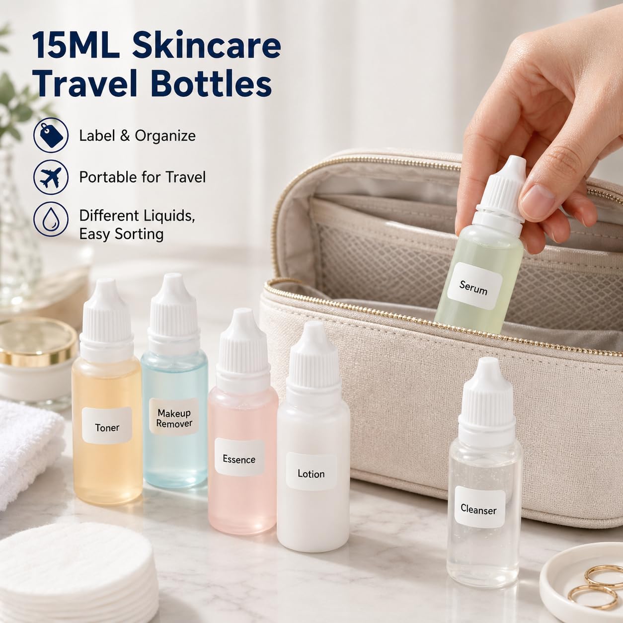 5 PCS (4 Bottles + 1 Funnel) 15ml (0.5oz) Small Plastic Dropper Bottles - Empty, White Eye Liquid Dropper Bottles, Squeezable & Portable Travel Containers for Eye Drops, Refillable with Cap and Plug