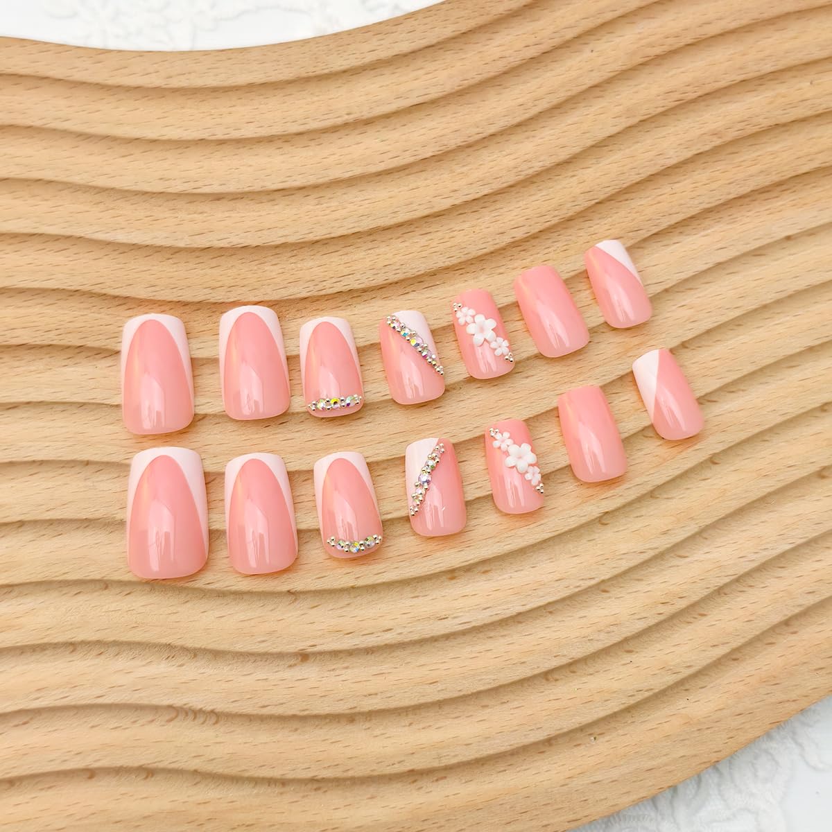 French Tip Press-On Nails - 24 Pcs Short Square Pink with Flower Rhinestones | Irregular Acrylic Full Cover Set for Manicure