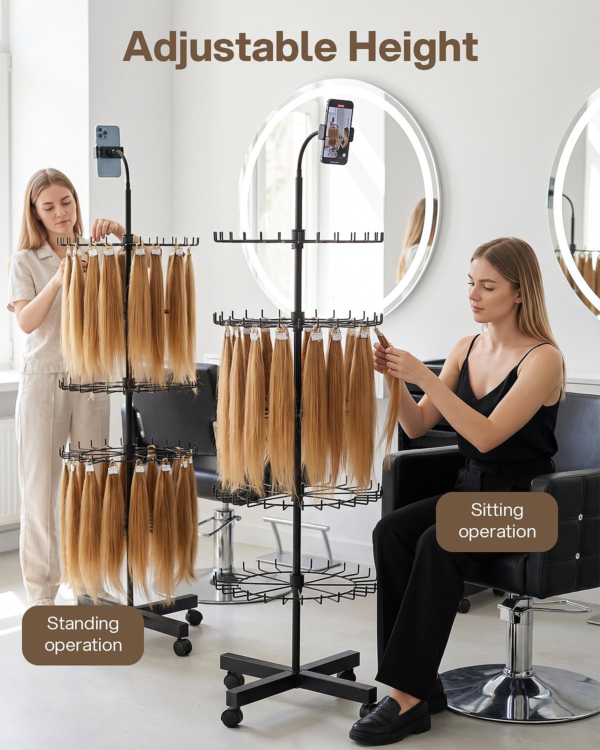 FOOGWEE Braiding Hair Rack Divider Stand with 140 Pegs,Adjustable Rotation Wheels & Phone Holder - Accessories (Combs, Clips) for Braiders,Salon or Home Use (Black)
