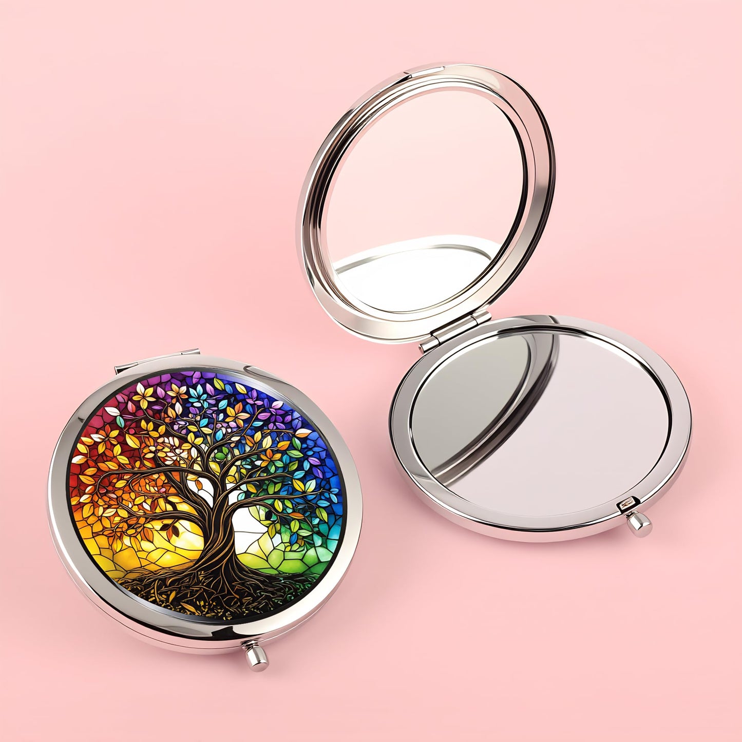 Silver Compact Mirror, 2.8x2.8inch Double-Sided Folding Makeup Mirror with Rainbow Tree of Life Design, Ideal Gift for Women
