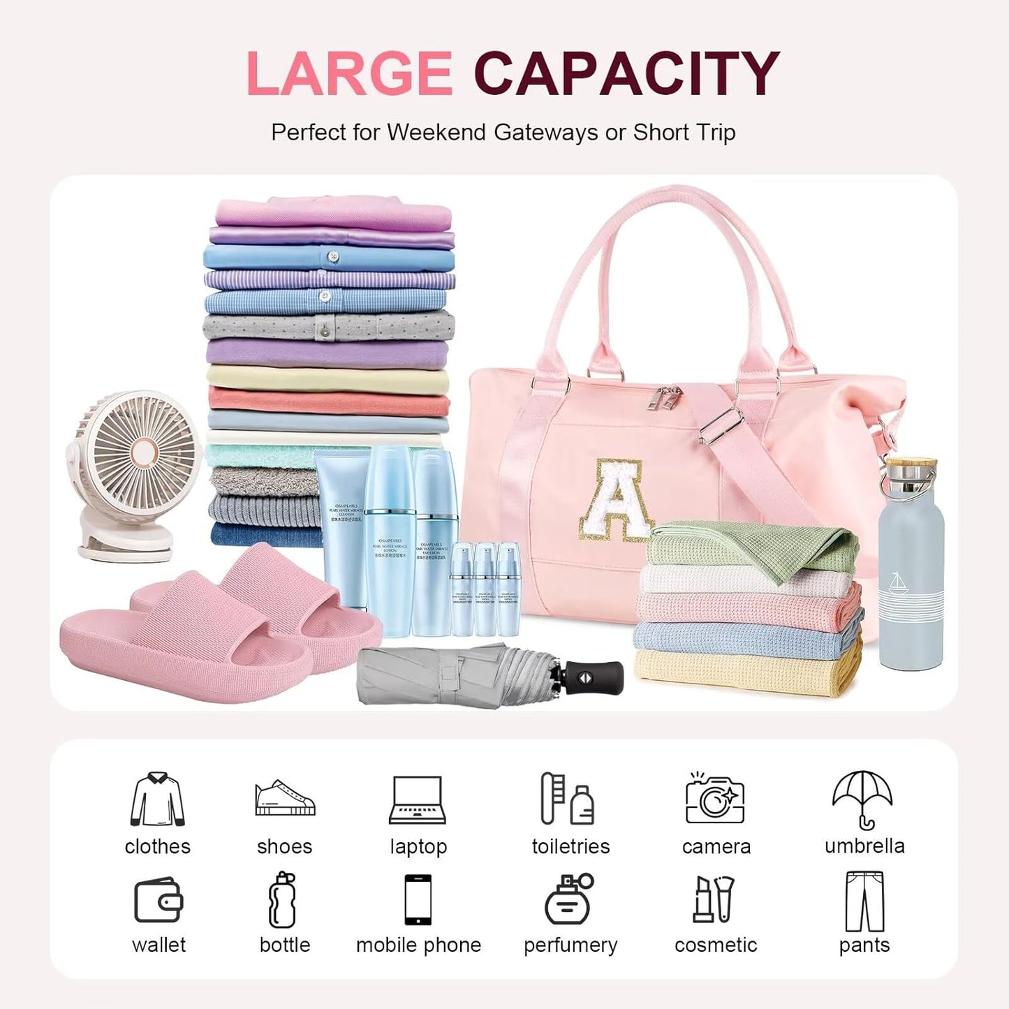 Dance Gym Duffel Bag - Personalized Initial Weekender for Teen Girls | Pink Overnight Carry-On & Cheer Bag