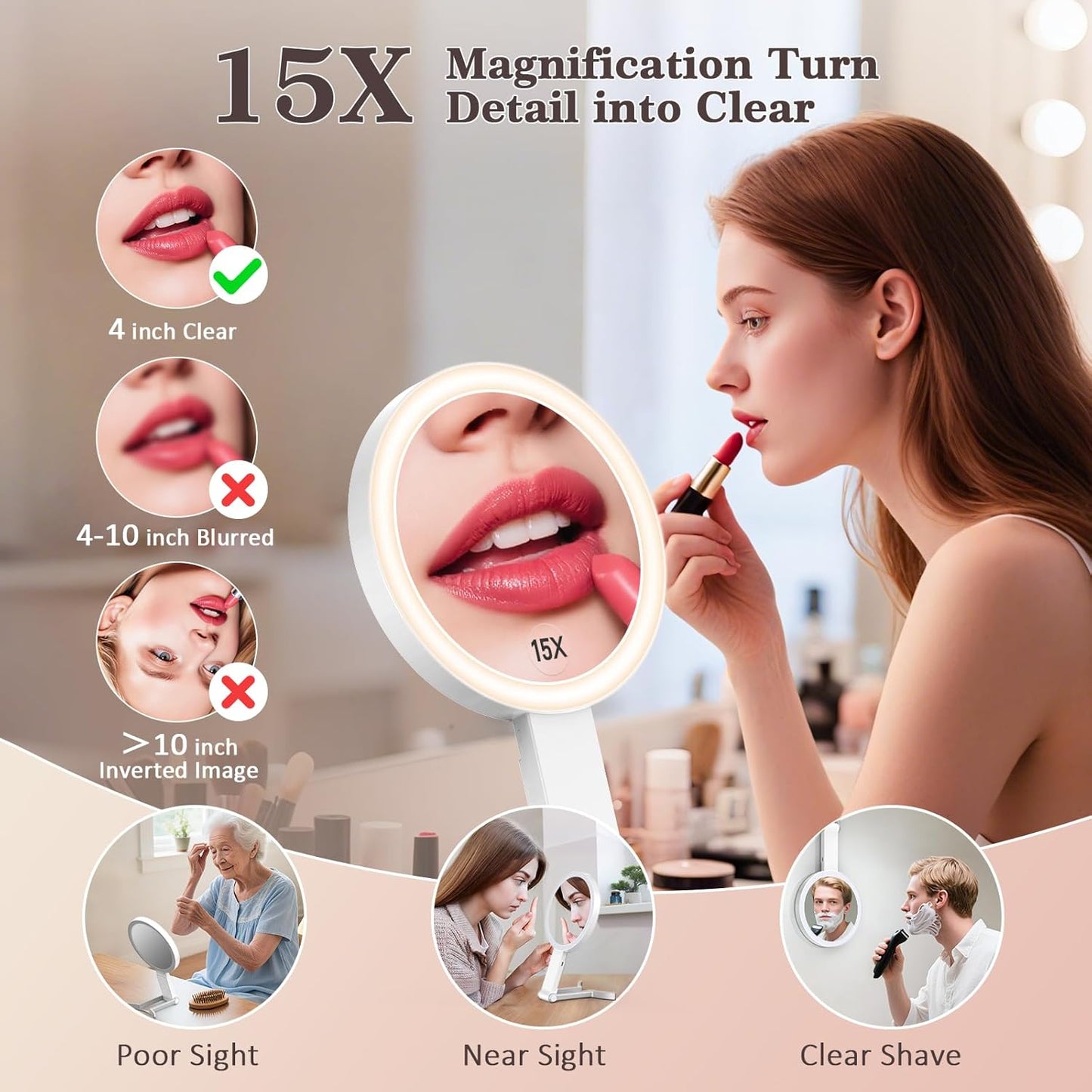 Travel Makeup Mirror with Lights - 15X/1X Double-Sided LED Magnifying Mirror | Portable, Dimmable Touch Control, 3 Color Lighting
