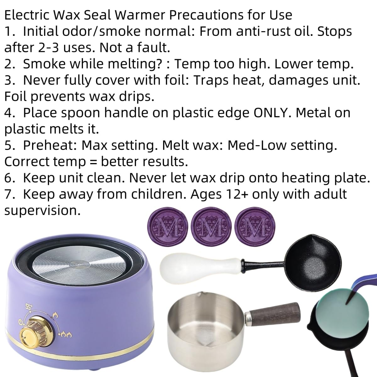 Sealing Wax Warmer Electric with a 80ml Large Spoon, a Non-Slip Melt Scoop Electrical Wax Seal Melting Furnace Warmer Kit Great Tool for Melting Waxs Seals Sticks Beads (Purple)