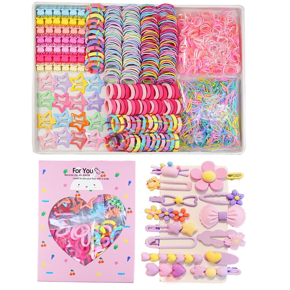 Elastic Hair Ties for Girls - 889 Pcs Colorful Rubber Bands Set with 14 Cute Hair Clips