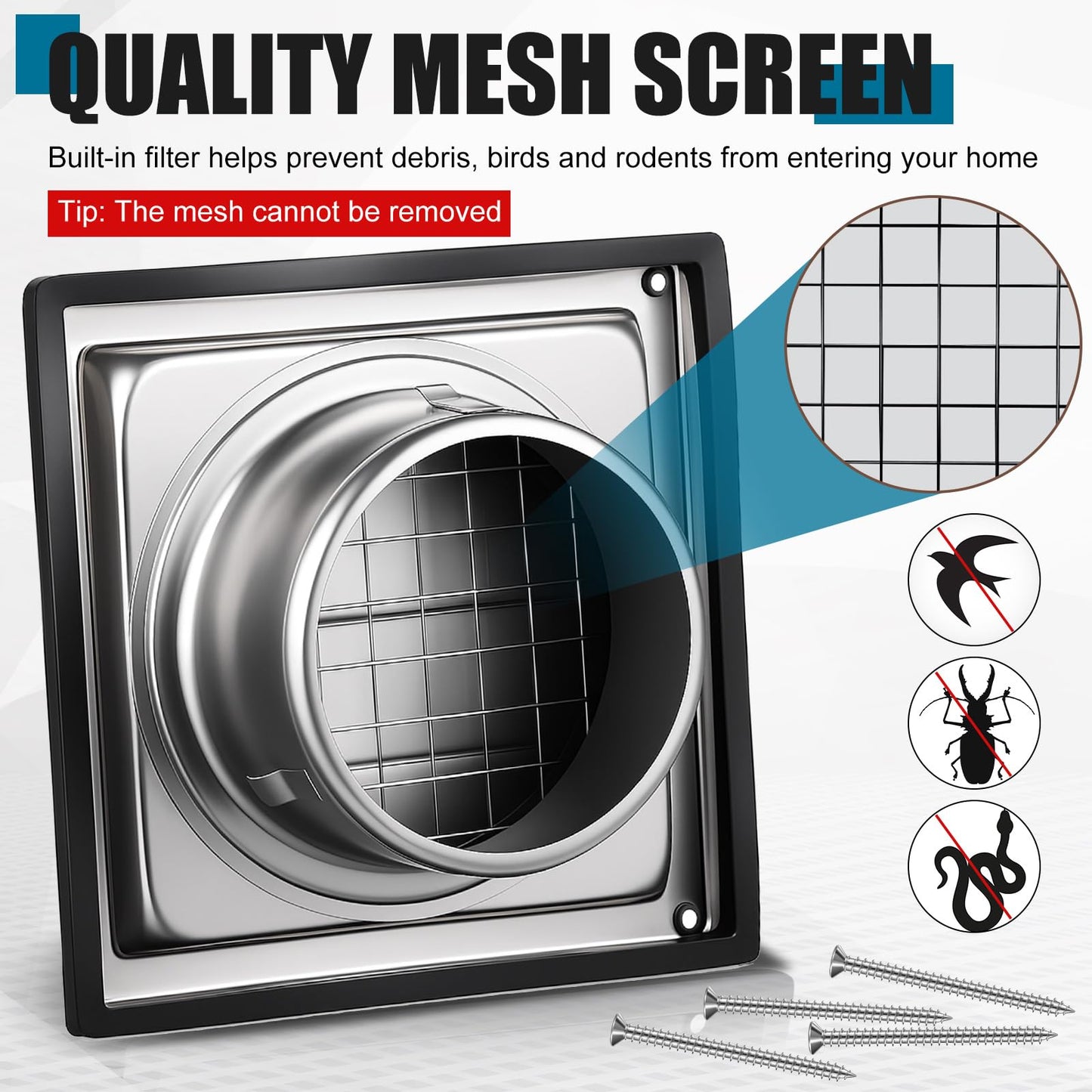 Glooglitter 4'' Dryer Vent Cover Outside Wall Stainless Steel Dryer Vent Cover Kit, Built-in Mesh, with 8 Inch Removable Extension Pipe and 4 Pcs Screws, for House Outdoor Extended Air Pipe