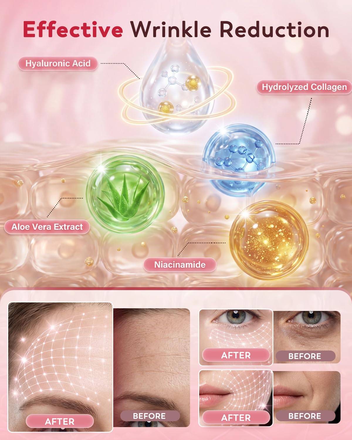Facial Wrinkle Patches - 3 in 1 Collagen & Hyaluronic Acid Treatment | 60 Overnight Hydrogel Patches for Forehead & Smile Lines