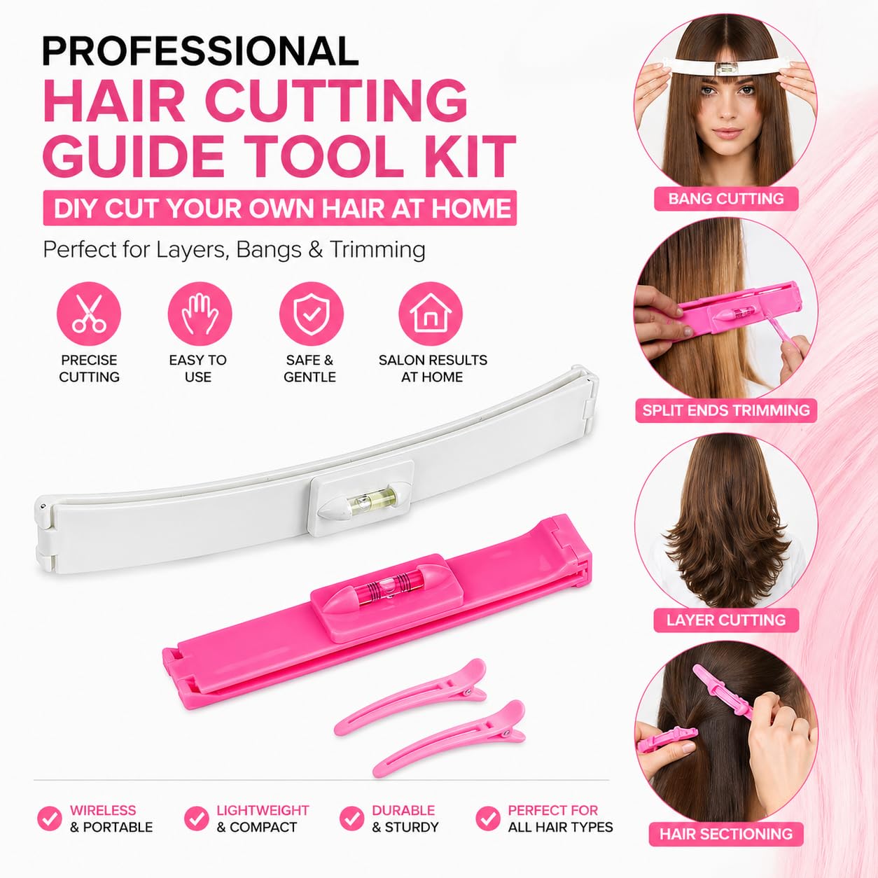 ABABIL Professional Hair Cutting Guide Tool Kit for Women – Split Ends Hair Trimmer Wireless, Bang Cutting Tool, Hair Cutting Clips – DIY Cut Your Own Hair Kit for Layers, Bangs & Trimming at Home