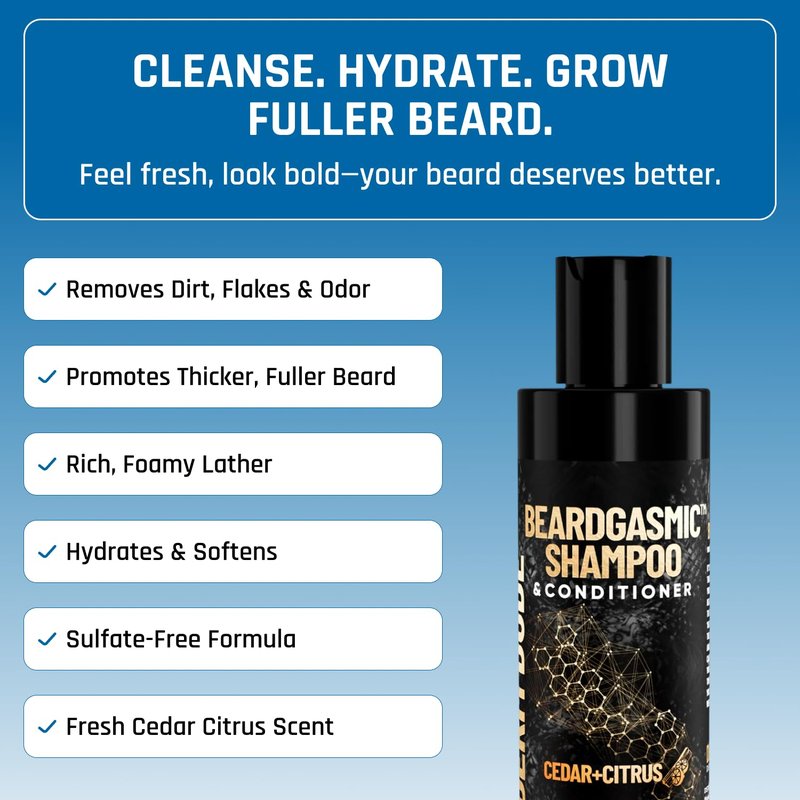 Derm Dude BeardGasmic 2-in-1 Beard Shampoo & Conditioner for Men | Formulated with Aloe Vera & Vitamin E to Clean, Hydrate & Nourish For Thicker Fuller-Looking Beard | Sulfate-Free, Cedar & Citrus 4oz