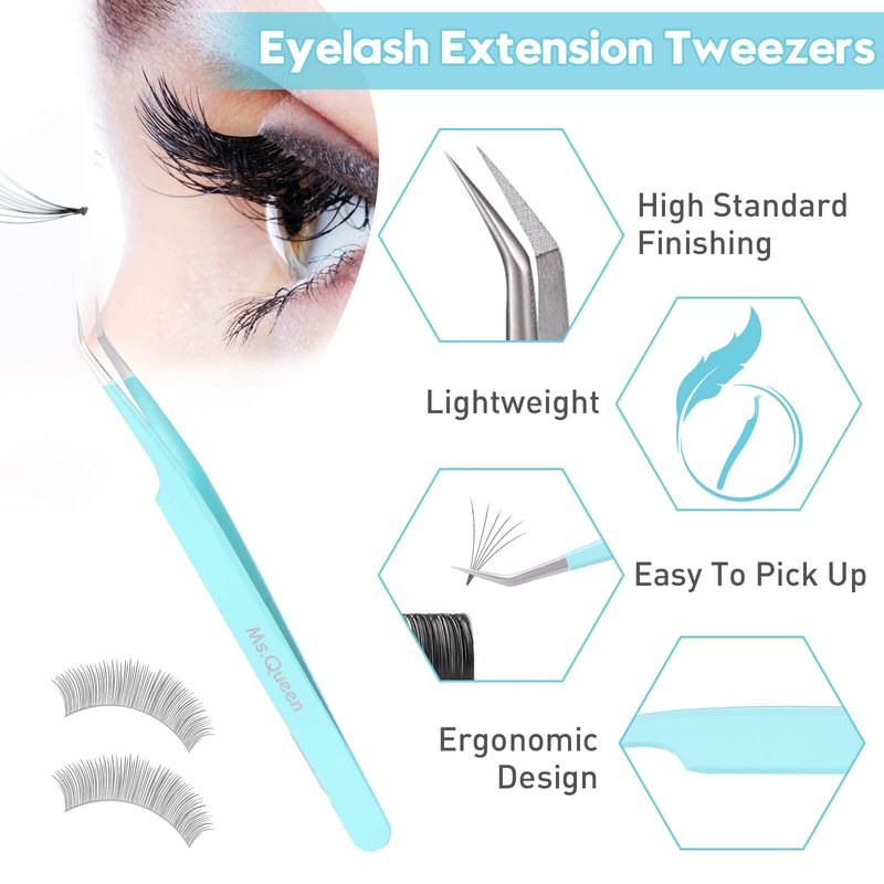 Ms.Queen Eyelash Extensions Tweezers,Professional Fiber Tip 45 Degree Lashing Tweezers for Volume Lash Extensions, Blue