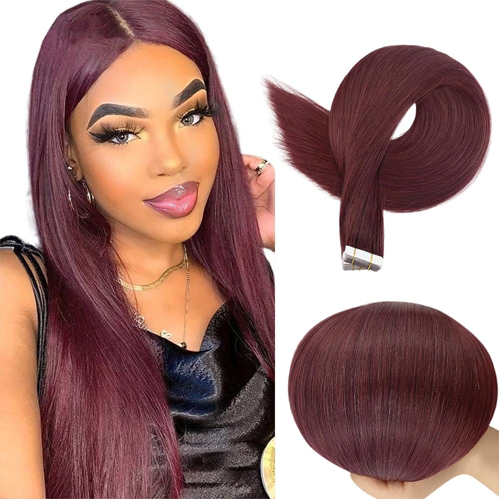 14 Inch #99J Burgundy Tape in Extensions Human Hair Wine Red Straight Tape in Seamless Extensions Real Human Hair Skin Weft Seamless Invisible Remy Hair 40g 10Pcs.
