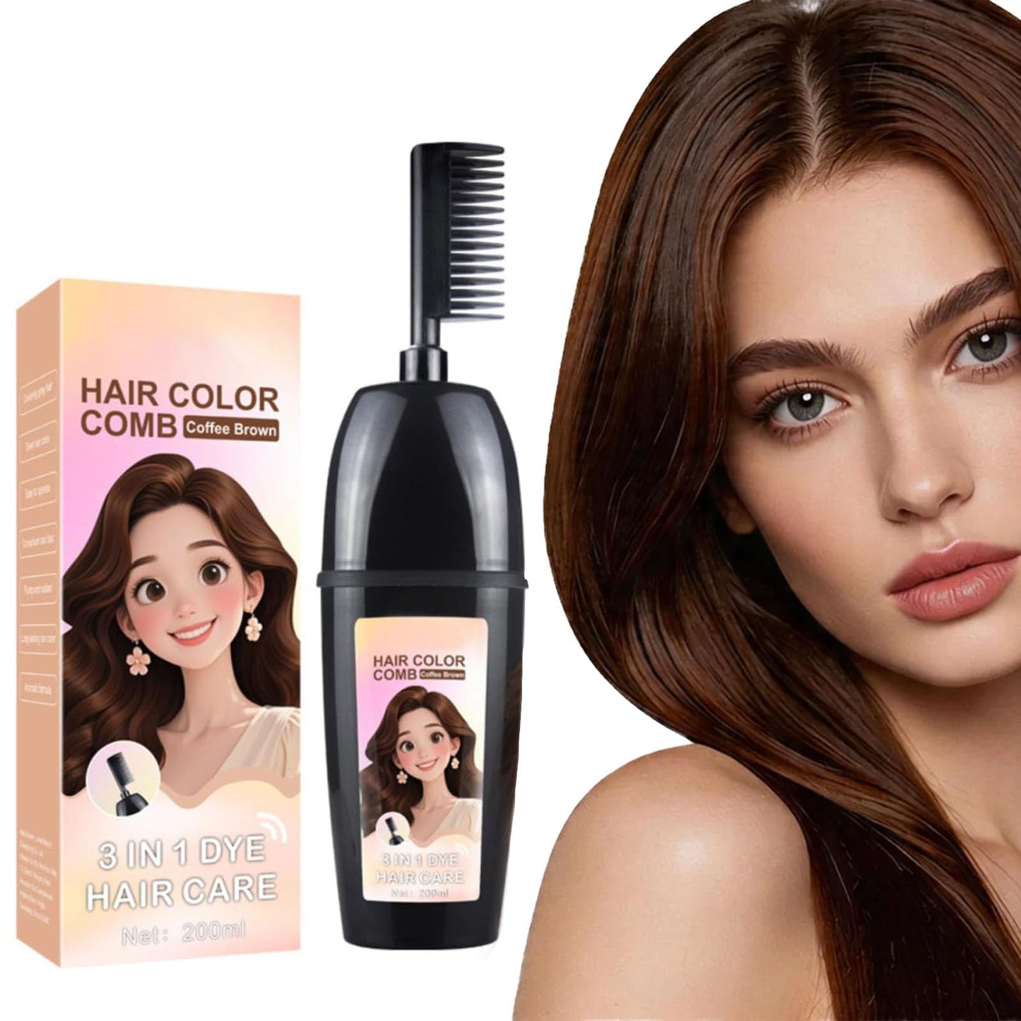 3-In-1 Herbal Hair Coloring Comb | Easy Hair Coloring At Home With Built-In Brush | Retro Red 200ml – No Mix, Ammonia-Free, Covers Grays & Nourishes With Argan Oil & Ginseng (Coffee Brown)