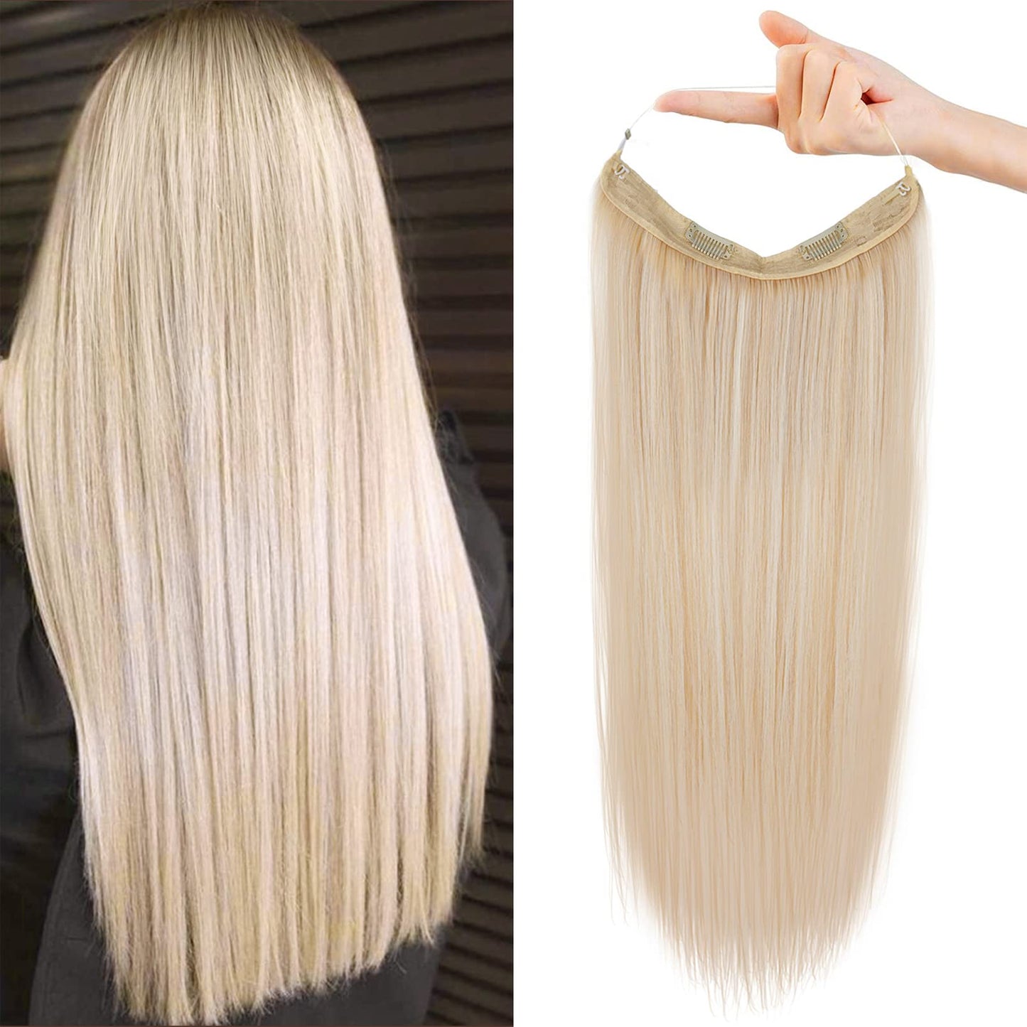 REECHO Invisible Wire Hair Extensions with Transparent Headband Adjustable Size Removable Secure Clips in Straight Secret Hairpiece for Women (16Inch (Pack of 1), Light Blonde)