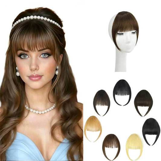 KISANOF Clip in Curtain Bangs, 100% Real Human Hair Medium Brown Soft Layered Curved Fringe French Fake Bangs Hair Temples Hairpieces for Daily Wear
