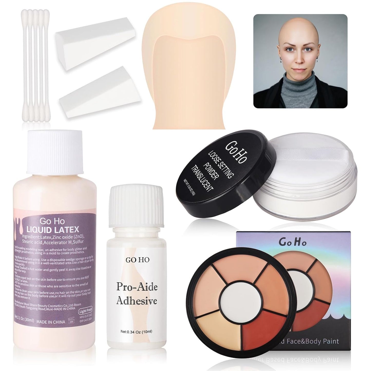 Halloween Bald Cap SFX Kit - 8-Piece Professional Makeup Set with Latex, Adhesive & Flesh Palette | Perfect for Costume Parties