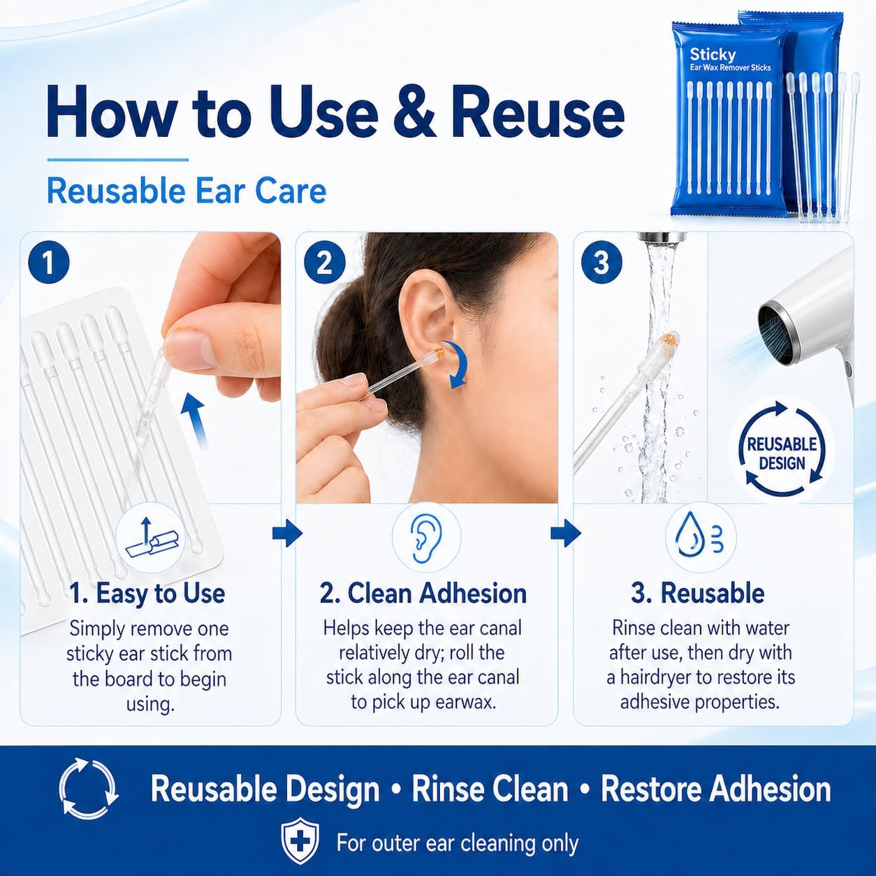 2-in-1 Sticky Ear Cleaning Stick - Gentle Dual-Ended Ear Wax Remover | Reusable Travel Tool (48 Count)
