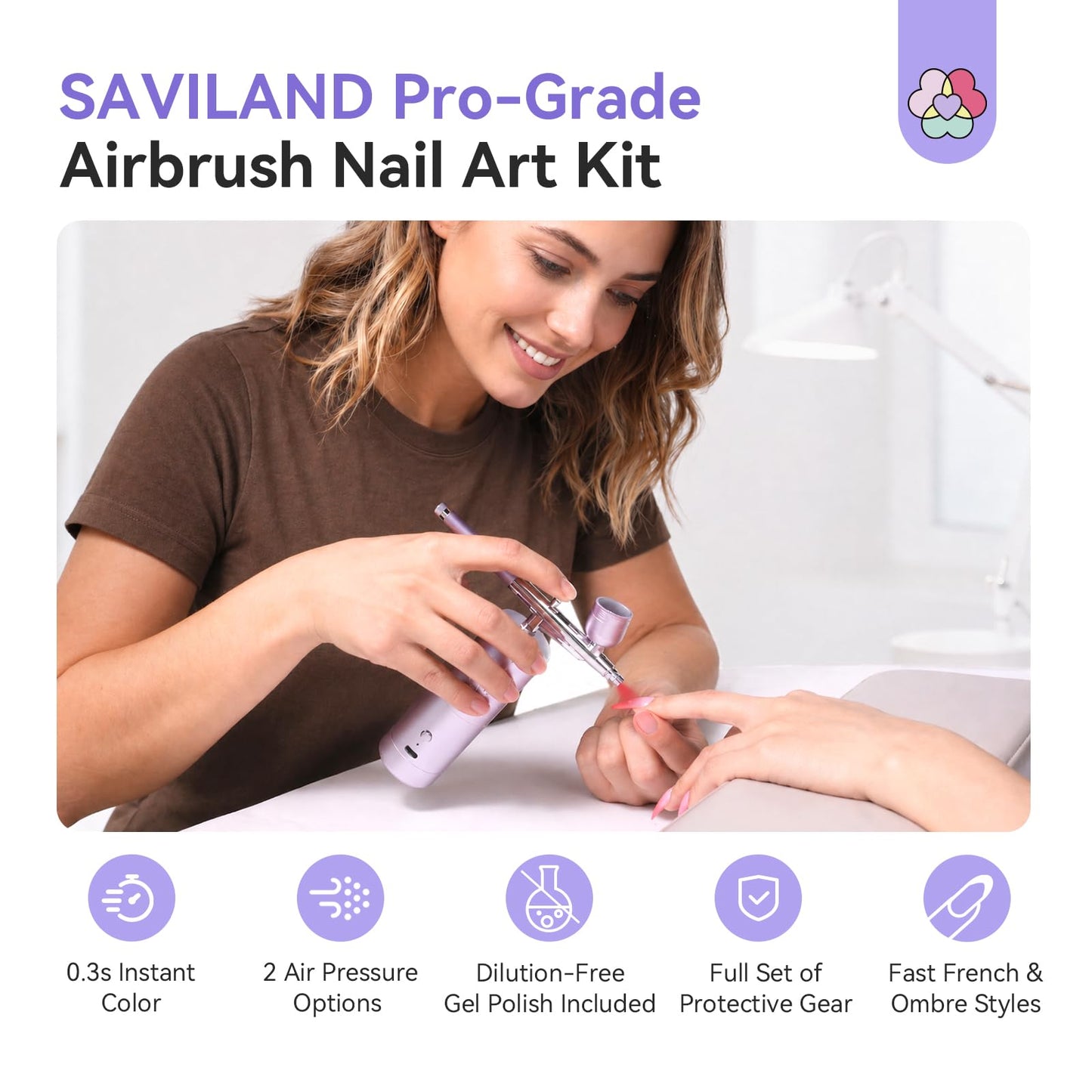 SAVILAND 7-in-1 Pro Dilution-Free Airbrush Set: Hema-Free Airbrush Gel Nail Polish & Airbrush for Nails Airbrush Cleaner Airbrush Stencils Protector for Fingers Masks Instant Nail Technician Salon