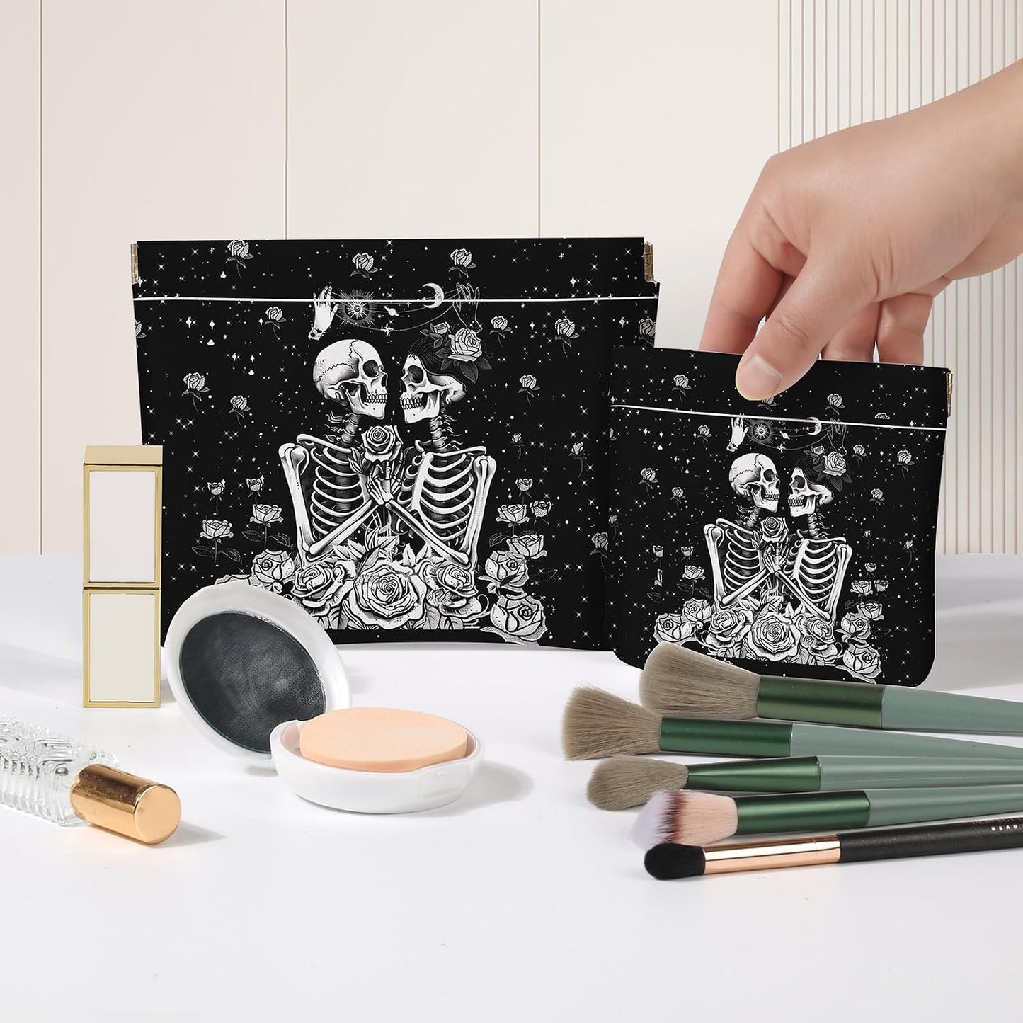 Makeup Bag Set - 2 PCS PU Leather Cosmetic Organizer | Portable Self-Closing Travel Pouch for Women - Skull Design