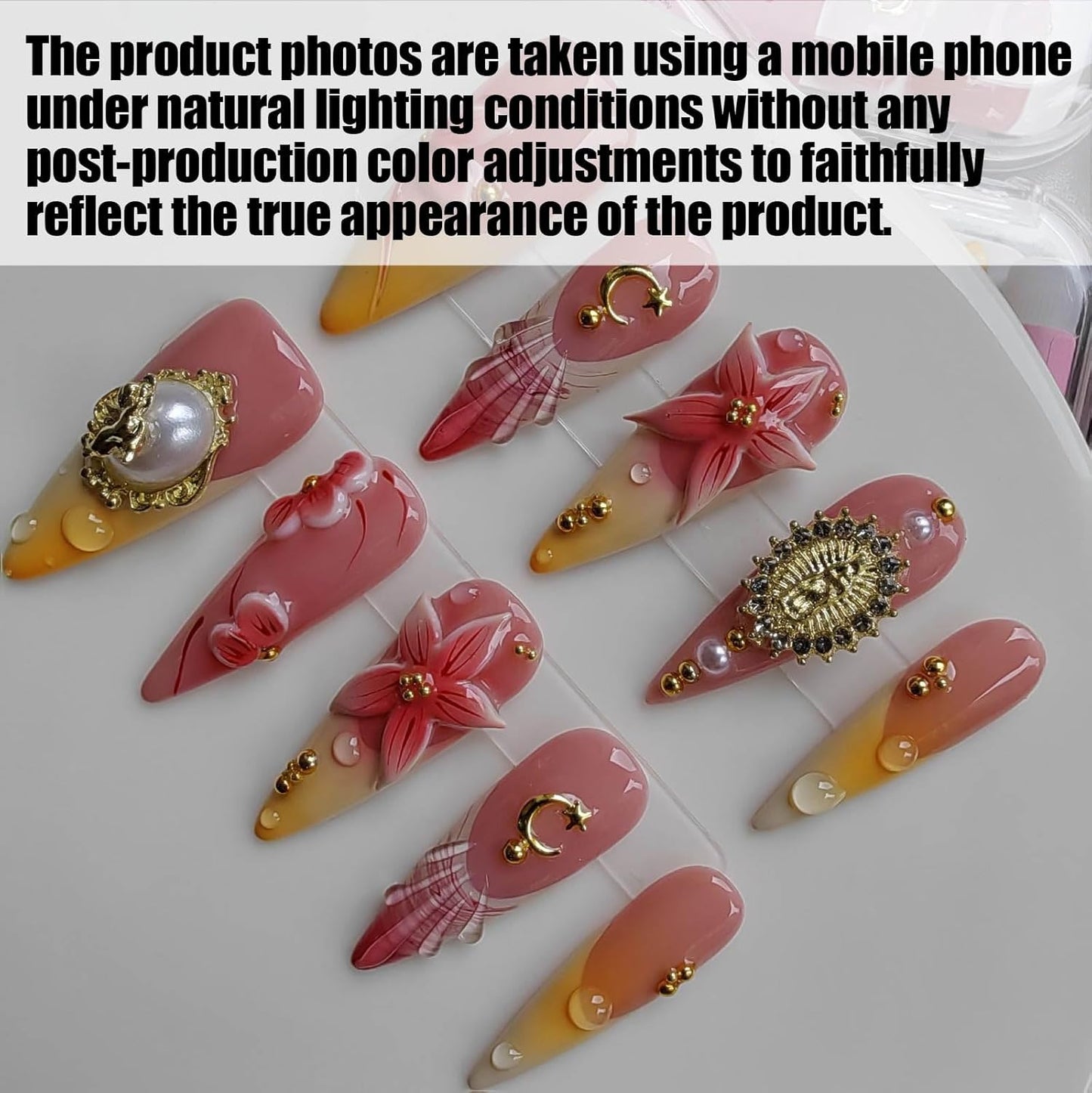 Pink Handmade Press-On Nails - Long Almond French Tip Design with 3D Flowers | 10pcs Luxury Set for Women