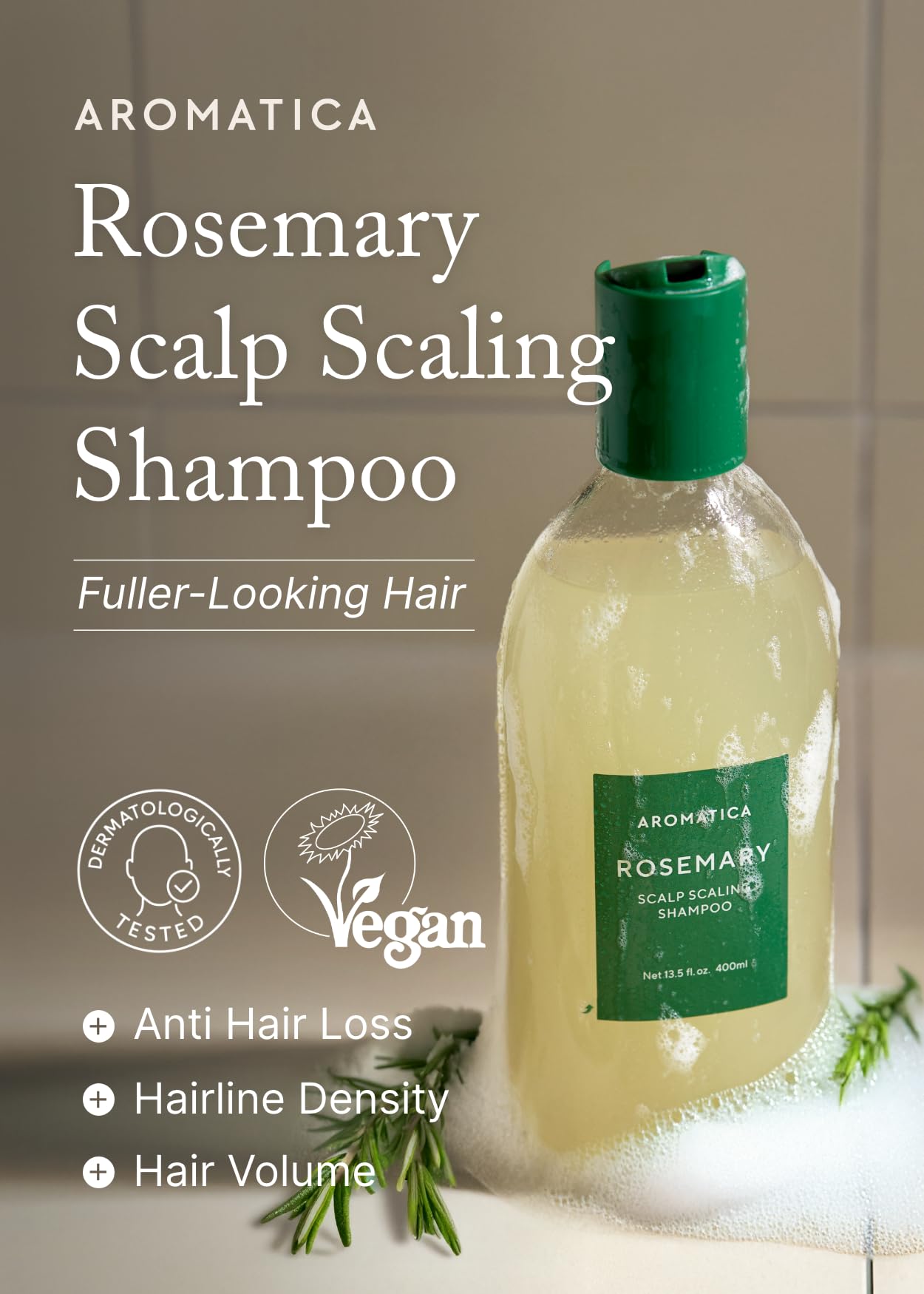 AROMATICA Rosemary Scalp Scaling Shampoo for Hair Growth - Korean Hair Care for Thinning Hair & Hair Loss, Natural Essential Oil, Vegan, Sulfate Silicone Paraben Free (13.53 oz)