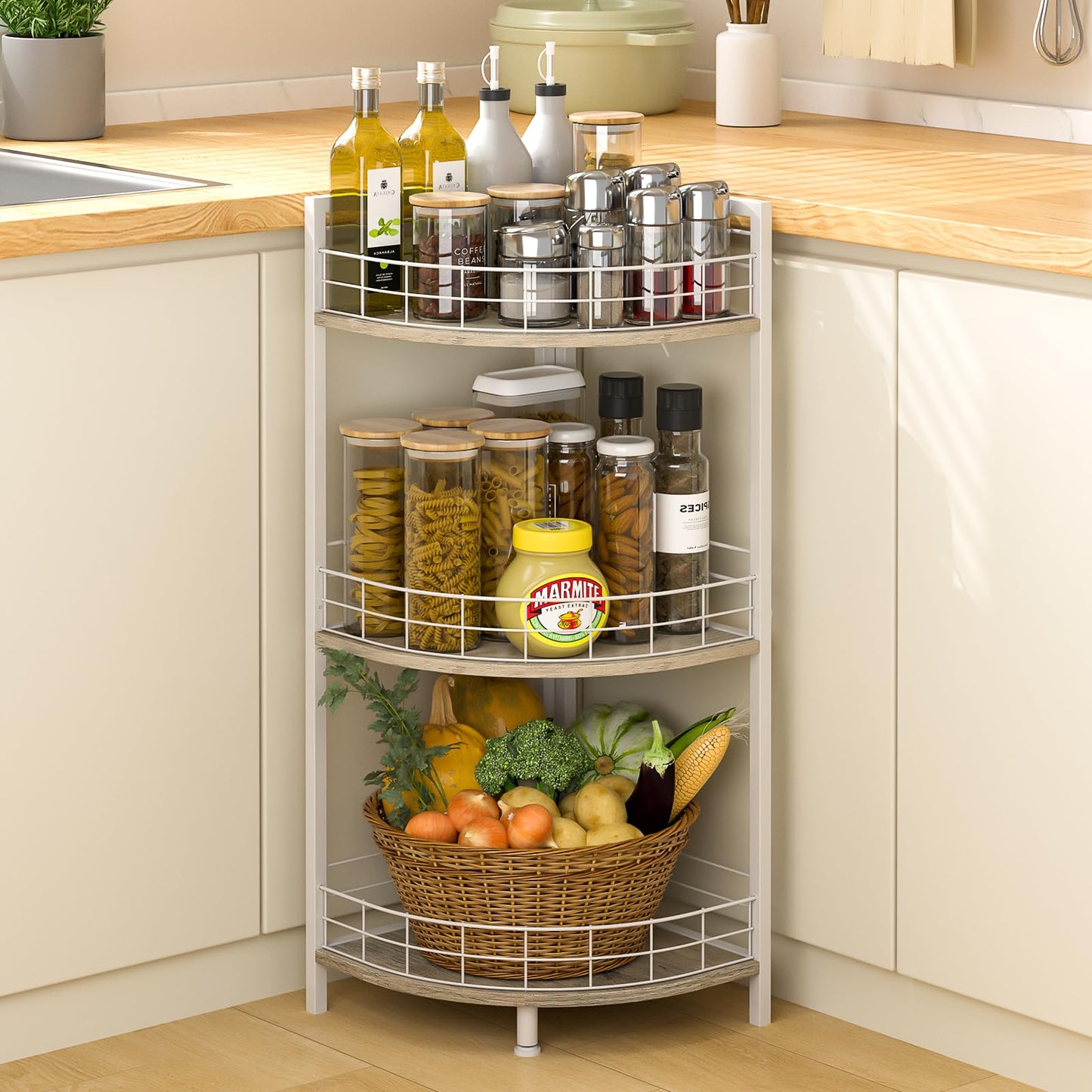 DAOUTIME Bathroom Standing Shelf, 3 Tier Free-Standing Shelf Units, Open Floor Shelves, Triangular Curved Corner Shelf Stand for Small Space, Ideal for Bathroom,Kitchen,Vanity Storage and Organizer