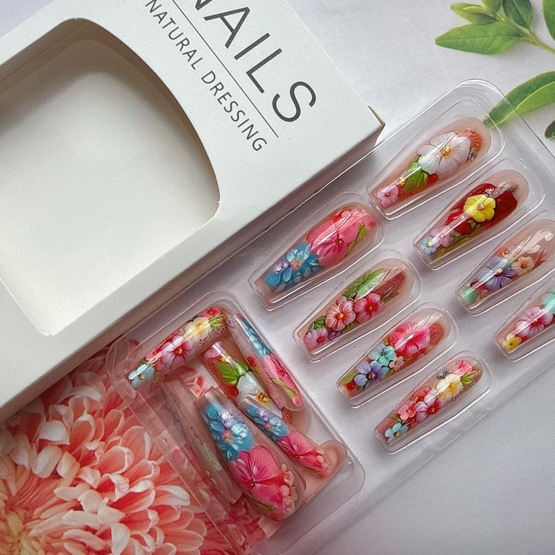 Flower Press On Nails - Medium Ballet Acrylic Nails with Green Leaf Design | 24PCS Full Cover Gel Fake Nails for Spring Manicure