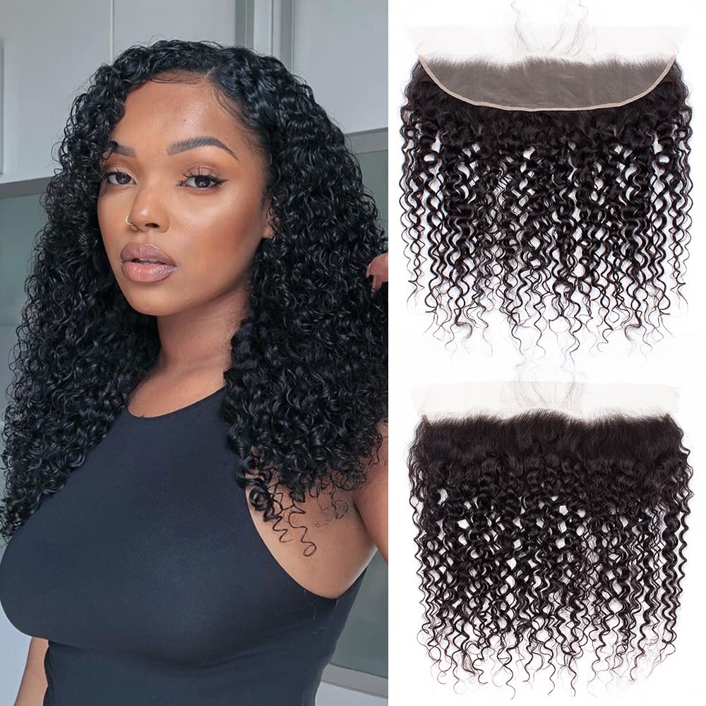 13x4 Lace Frontal Only Deep Curly Regular HD Lace, 200% Density, 100% Brazilian Virgin Human Hair Ear to Ear HD Lace Frontal Pre Plucked with Baby Hair Natural Black Color 14 Inch