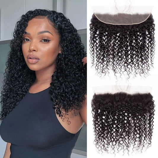 13x4 Lace Frontal Only Deep Curly Regular HD Lace, 200% Density, 100% Brazilian Virgin Human Hair Ear to Ear HD Lace Frontal Pre Plucked with Baby Hair Natural Black Color 14 Inch