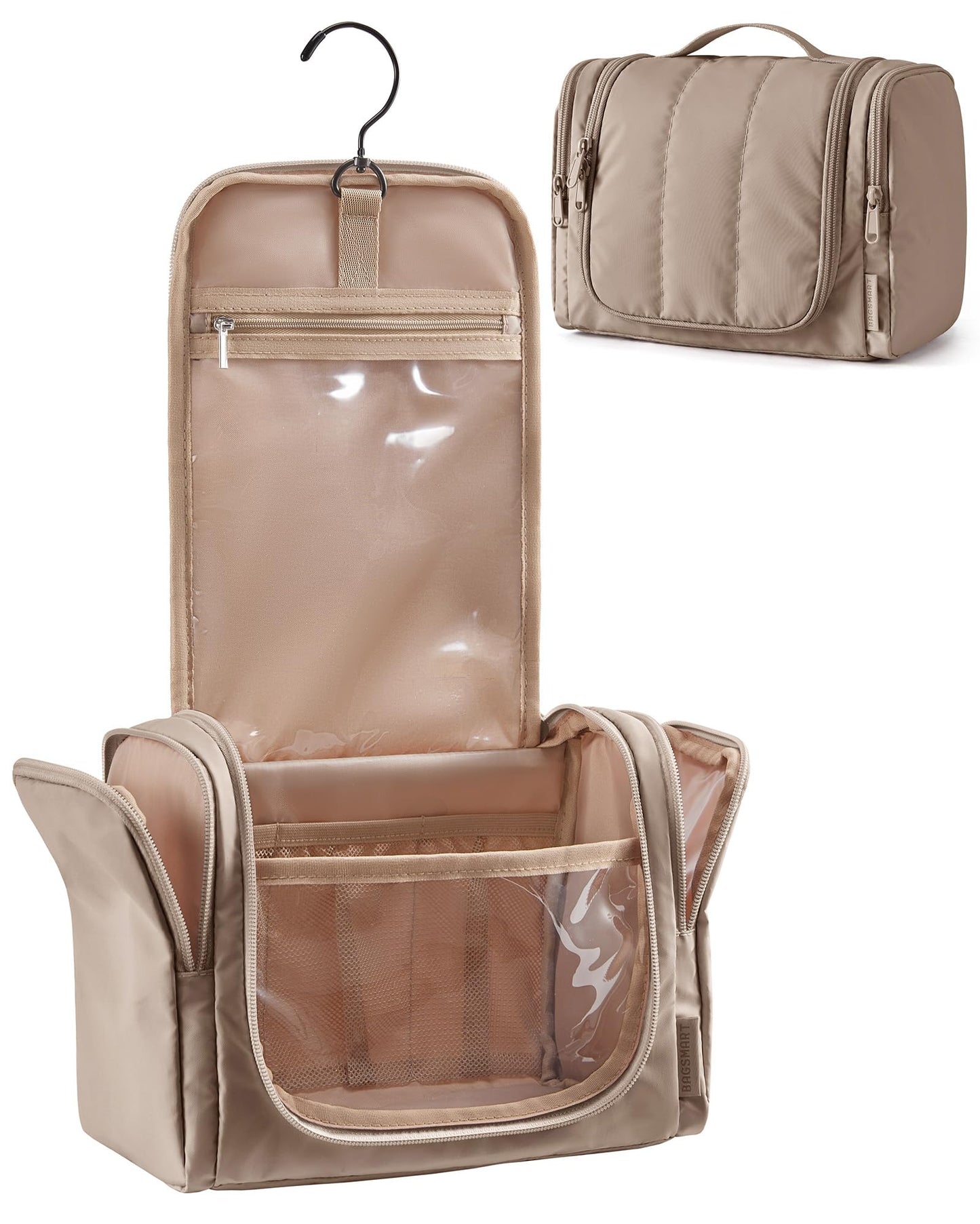 BAGSMART Travel Toiletry Bag for Women, Puffy Hanging Toiletry Bag with Hook, Water-resistant Toiletry Organizer for Full Sized Toiletries (Brown)